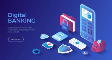 Dijital Bankacılık Çevrimiçi Hizmetleri. Mobil bankacılık ve muhasebe platformu. Çevrimiçi mali işlemler, ödeme, alışveriş. Isometric iniş sayfası. Vektör web pankartı.