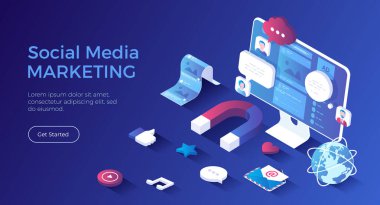 Sosyal medya pazarlama SMM. Pazarlama ve iletişim stratejisi. Sosyal ağlar aracılığıyla terfi. Mıknatıs, duygu simgelerini, beğeni ve yorumları çeker. Isometric iniş sayfası. Vektör web pankartı.
