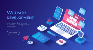 Web sitesi Geliştirme Programlama Kodlaması. Tasarım, kullanıcı deneyimi UX, kullanıcı arayüzü UI. Web sitesi tasarım unsurları, fotoğraf, video, program kodu, site kablosu. Isometric iniş sayfası. Vektör web pankartı.