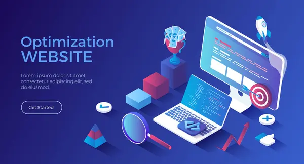 Web sitesi optimizasyonu, Arama Motoru optimizasyonu, SEO stratejisi. Web analizi, yönetim ve pazarlama. Anahtar sözcük, muhabir, bağlantı binası. Isometric iniş sayfası. Vektör web pankartı.