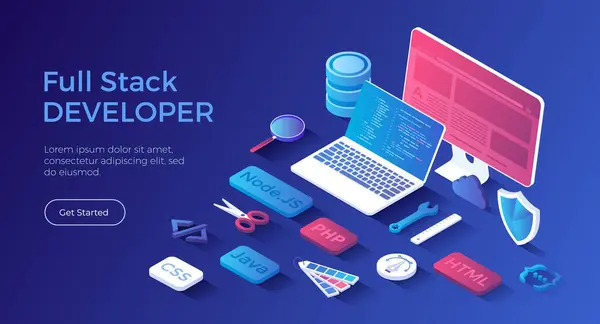Tam Yığın Geliştirici. Servis arka ucu ve kullanıcı arayüzü Front-end 'in yazılım ve donanım parçalarıyla çalışabilen programcı. Isometric iniş sayfası. Vektör web pankartı.