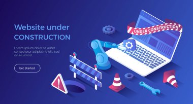 İnşaat Altında Web Sitesi. Sitedeki değişiklikleri ve düzeltmeleri günceller. Bakım sayfası ya da 404 hatası. Isometric iniş sayfası. Vektör web pankartı.