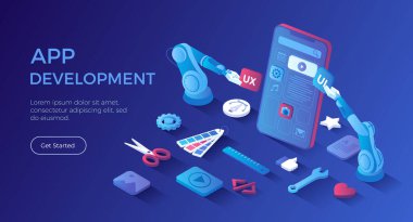 Mobil APP Geliştirme UI UX Tasarımı, SEO Optimizasyonu. Akıllı telefon ekranında uyarlamalı uygulama web arayüzü. Isometric iniş sayfası. Vektör web pankartı.