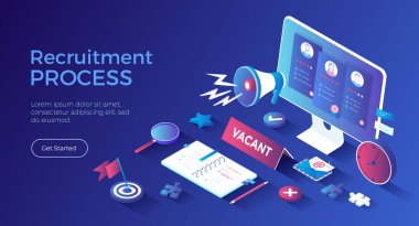 İşe alım Süreci. İnsan Kaynakları Yönetimi ve Kiralama konsepti. En iyi adayı seçmek, yeni bir çalışan aramak. Isometric iniş sayfası. Vektör web pankartı.
