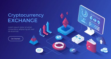 Kripto döviz borsası ve blok zinciri. Bitcoin, Ethereum 'dan dolar takas platformuna. Para piyasası, finans ticareti, analitik, grafikler, kâr. Isometric iniş sayfası. Vektör web pankartı.