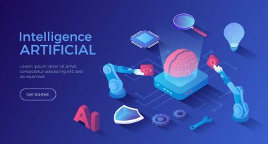Yapay zeka yapay zeka, dijital beyin, yapay düşünme süreci. Gelecek teknolojisi, makine öğrenimi, akıllı beyin bilgisayarı, sinirsel ağlar. Isometric iniş sayfası. Vektör web pankartı.
