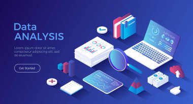 Denetleme, iş analizi konsepti. Analitik veriler. Ekonomik belgelerde mali strateji, grafikler ve çizelgeler. Isometric iniş sayfası. Vektör web pankartı.