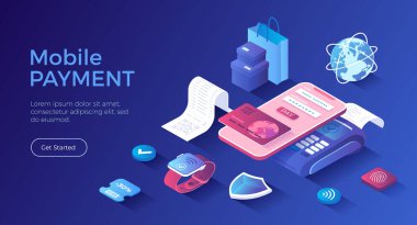 Cep telefonu ödemesi yok. PayPass, NFC ödemeleri. QR kodu taranıyor. POS terminali, telefon ve akıllı saat. Isometric iniş sayfası. Vektör web pankartı.