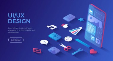 Kullanıcı Arayüzü UI ve Kullanıcı Deneyimi UX tasarımı. Arayüz inşaatı. Mobil uygulama, program geliştirme. Isometric iniş sayfası. Vektör web pankartı.