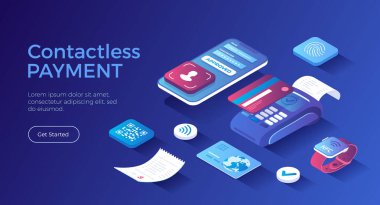 NFC 'nin patavatsız ödeme teknolojisi. Cep telefonu ödemesi. POS terminali, akıllı telefon, kredi kartı, akıllı izleme, QR kodu. Isometric iniş sayfası. Vektör web pankartı.