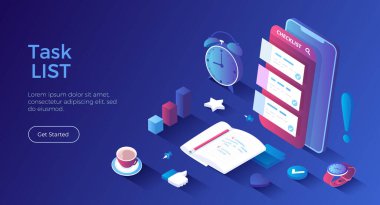 Akıllı telefon ekranında kontrol listesi. Görev yöneticisi uygulaması. Satın almalar, görevler, planlar, yapılacaklar listesi. Isometric iniş sayfası. Vektör web pankartı.