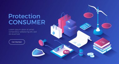 Tüketici koruması. Alıcının yasal hakları, satın alma güvenliği. Alıcı ilişkileri yönetmelikleri. Isometric iniş sayfası. Vektör web pankartı.