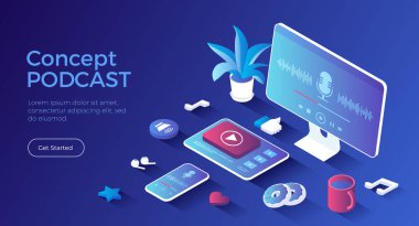 Podcast konsepti. Ses programı, blog, radyo, online eğitim. Tablet, telefon, monitör, kulaklık. Isometric iniş sayfası. Vektör web pankartı.