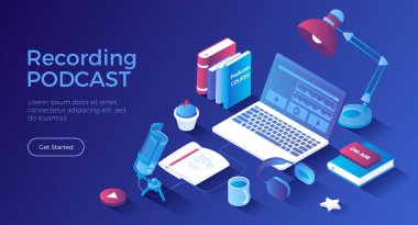 Kayıt Podcast 'i. Mikrofonu, kulaklığı, bilgisayarı olan bir radyo sunucusu. Ses kaydı, canlı yayın, haber, röportaj, talk show, blog. Isometric iniş sayfası. Vektör web pankartı.