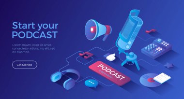 Podcast 'ini başlat. Ses kaydı, canlı yayın, yayın. Podcasting ekipmanları ve APP. Stüdyo mikrofonu, kulaklıklar, mikser. Isometric iniş sayfası. Vektör web pankartı.