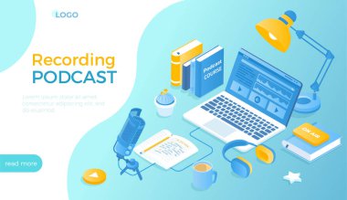 Podcast Kayıt. Ses kaydı, canlı yayın, haber, röportaj, talk show, blog. Mikrofonu, kulaklığı, bilgisayarı olan bir radyo sunucusu. Web sitesi için Isometric vektör illüstrasyonu.