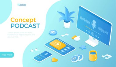 Podcast konsepti. Ses programı, blog, radyo, online eğitim. Tablet, telefon, monitör, kulaklık. Web sitesi için Isometric vektör illüstrasyonu.