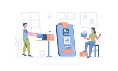 Şirket ürünlerinin dijital tanıtımı, müşteri iletişimi. E-posta Pazarlama Hizmetleri, Reklam Kampanyası. Pankart, web sitesi tasarımı, iniş sayfası için çizgi film modern düz vektör çizimi.