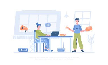 Sınırları zorlayan pazarlama. Pazarlamacılar mal ve hizmetleri TV, telefon görüşmeleri, gazeteler, el ilanları, posta yoluyla tanıtıyorlar. Pankart, web sitesi tasarımı, iniş sayfası için çizgi film modern düz vektör çizimi.