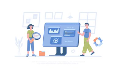 İnsanlar verileri analiz eder. Analistler çizelgeler üzerindeki iş istatistiklerini araştırıyorlar. İş süreci. Pankart, web sitesi tasarımı, iniş sayfası için çizgi film modern düz vektör çizimi.