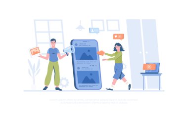 Sosyal medya stratejisi, internet reklamcılığı. Sosyal ağlarda ürün ve hizmetlerin tanıtımı. Müşterileri cezbediyor. Pankart, web sitesi tasarımı, iniş sayfası için çizgi film modern düz vektör çizimi.