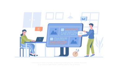 Yerel reklamcılık. İçerik pazarlaması, sponsorlu makaleler kullanarak promosyon stratejisi. Pankart, web sitesi tasarımı, iniş sayfası için çizgi film modern düz vektör çizimi.