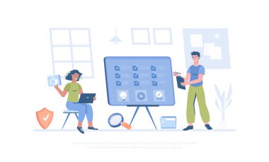 Kalite Güvence Kalite Kontrol, En İyi Standart, Ürün Memnuniyeti. Yazılım testi. Pankart, web sitesi tasarımı, iniş sayfası için çizgi film modern düz vektör çizimi.