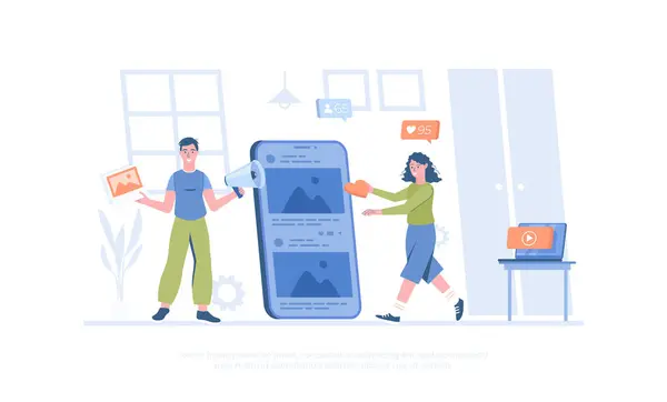 Sosyal medya stratejisi, internet reklamcılığı. Sosyal ağlarda ürün ve hizmetlerin tanıtımı. Müşterileri cezbediyor. Pankart, web sitesi tasarımı, iniş sayfası için çizgi film modern düz vektör çizimi.