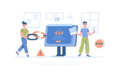 Hata - Sayfa 404 bulunamadı, geri dön. Boş bir sayfaya bağlan. Bağlantı koptu. Pankart, web sitesi tasarımı, iniş sayfası için çizgi film modern düz vektör çizimi.