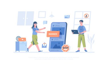 Sosyal medyada engellenmiş, yasaklanmış kullanıcı hesabı. Hata, Erişim reddedildi. Hesap güvenliği ve güvenliği sağlandı. Pankart, web sitesi tasarımı, iniş sayfası için çizgi film modern düz vektör çizimi.