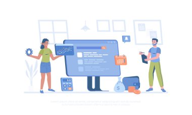 Seo pazarlama bütçesi. İnternet sitesi tanıtımı için maliyetlerin hesaplanması. Dijital pazarlama yatırımı. Pankart, web sitesi tasarımı, iniş sayfası için çizgi film modern düz vektör çizimi.