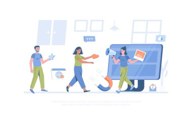 Viral Pazarlama, Reklam ve Tanıtım. Sosyal medya paylaşımı. Pankart, web sitesi tasarımı, iniş sayfası için çizgi film modern düz vektör çizimi.