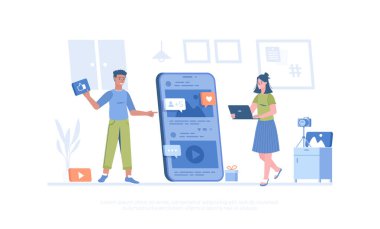 Blog yazıyorum. Fotoğrafların, videoların, metin materyallerinin düzenli yayınlanması. Günlük içeriği gönderimi. Pankart, web sitesi tasarımı, iniş sayfası için çizgi film modern düz vektör çizimi.