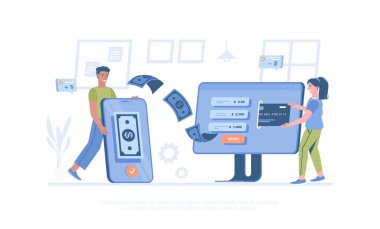 Para transferi. Banka kredi kartından cep telefonuna para yollamak. Pankart, web sitesi tasarımı, iniş sayfası için çizgi film modern düz vektör çizimi.