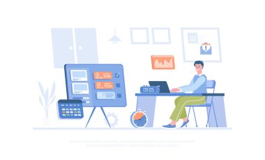 Zaman yönetimi. İş akışı planlaması ve organizasyonu. Çevrimiçi görev yöneticisi. Kişisel verimlilik. Pankart, web sitesi tasarımı, iniş sayfası için çizgi film modern düz vektör çizimi.