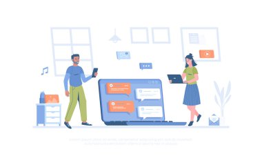 Mesaj servisi, çevrimiçi iletişim. Laptop ekranında sohbet ile sosyal ağ mesajlaşması. Pankart, web sitesi tasarımı, iniş sayfası için çizgi film modern düz vektör çizimi.