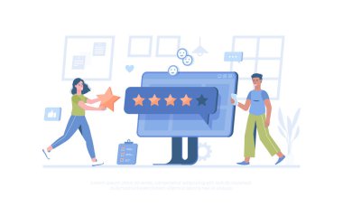 En iyi geri bildirim, beş yıldız puanı. Müşteri değerlendirmesi olumlu. Kullanıcı memnuniyeti, tavsiyeler. Pankart, web sitesi tasarımı, iniş sayfası için çizgi film modern düz vektör çizimi.