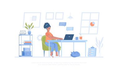 Serbest meslek kavramı. İnternet işi, internet işçisi. Kız evde rahat bir ortamda çalışıyor. Pankart, web sitesi tasarımı, iniş sayfası için çizgi film modern düz vektör çizimi.