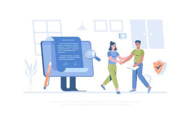 Çevrimiçi elektronik anlaşma ve dijital imza. İşadamları elektronik kontrat imzaladılar. Pankart, web sitesi tasarımı, iniş sayfası için çizgi film modern düz vektör çizimi.