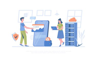 Kripto para birimi teknolojisi. Dijital para yatırımı, kripto madeni para madenciliği, pazar. Pankart, web sitesi tasarımı, iniş sayfası için çizgi film modern düz vektör çizimi.