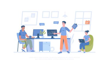 İş toplantısı. Meslektaşlar iş tartışır, iletişim kurar, ofis masasında otururlar. Pankart, web sitesi tasarımı, iniş sayfası için çizgi film modern düz vektör çizimi.