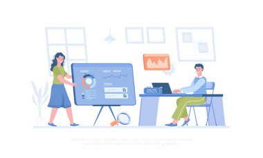 Bütçe analizi, mali yönetim, maliyet analizi. Araştırma ve inceleme maliyetleri yapan çalışanlar. Pankart, web sitesi tasarımı, iniş sayfası için çizgi film modern düz vektör çizimi.