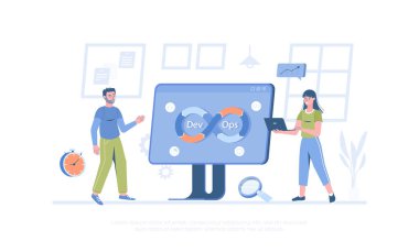 DevOps geliştiricileri sonsuzluk işareti şeklindeki otomasyon süreciyle çalışırlar. Yazılım geliştirme. Pankart, web sitesi tasarımı, iniş sayfası için çizgi film modern düz vektör çizimi.