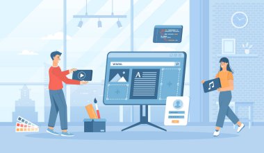 Web tasarımcıları bilgisayar arayüzü üzerinde çalışır. Web sayfası geliştirme, organizasyon web sitesi, düzen oluşturma. Düz konsept sosyal medya promosyon materyali için harika. Beyaz arkaplanda web sitesi afişi.