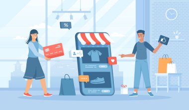 Mobil ticaret. Alışveriş yapan kişi çevrimiçi mağazadan ürünler seçer ve uygulamalarda satın alma ve etkinlikler yapar. Düz konsept sosyal medya tanıtım materyali için harikadır. Beyaz arka planda web sitesi afişi