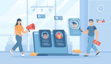 İşe alım ajansı. İşverenler ve İK boş iş için adayı seçiyor. Düz konsept sosyal medya promosyon materyali için harika. Beyaz arkaplanda web sitesi afişi.