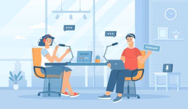 Ses yayını kaydediliyor. Canlı yayın, yayın, haber, röportaj, talk show, blog. Erkek ve kadın muhabbeti. Düz konsept sosyal medya promosyon materyali için harika. Beyaz arkaplanda web sitesi afişi