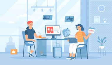 Seyahat acentesi, turistik servis, tur operatörü. Tatil turu için şirket yöneticisine danışıyorum. Düz konsept sosyal medya promosyon materyali için harika. Web sitesi afişi