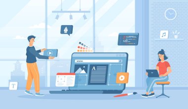 Stüdyo tasarımı. Tasarımcılar web sitesi için içerik, grafik ögeler, renk ve yazı tipleri seçerler. Düz konsept sosyal medya promosyon materyali için harika. Beyaz arkaplanda web sitesi afişi