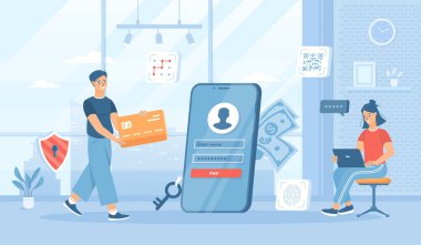 Güvenli ödeme sistemi. Güvenlik ve gizli veri koruması. Kimlik doğrulama ve doğrulama. Pankart, web tasarımı veya iniş web sayfası için insan karakterleri ile düz çizgi film vektör çizimi